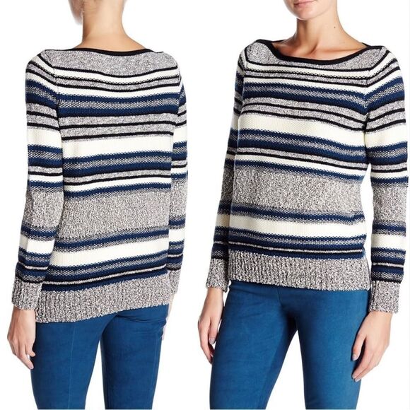 Vince Boucle Knit Textured Wool Blend Striped Boatneck Sweater Size Small - Picture 2 of 10